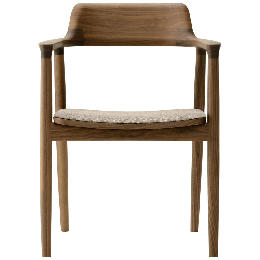 Hiroshima Arm Chair | Fabric Cushioned Seat Dining Chair | Walnut Wood